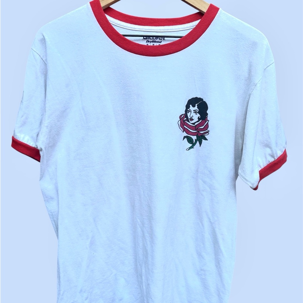Vintage Ringer Tee White Red Trim Rose Face Graphic T-Shirt Y2K Streetwear